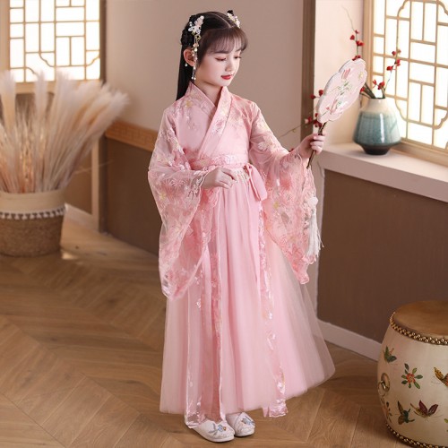 Children pink Hanfu fairy empress performance dresses tang han ming qing traditional costumes for girls chinese ancient traditional classical dance dresses 